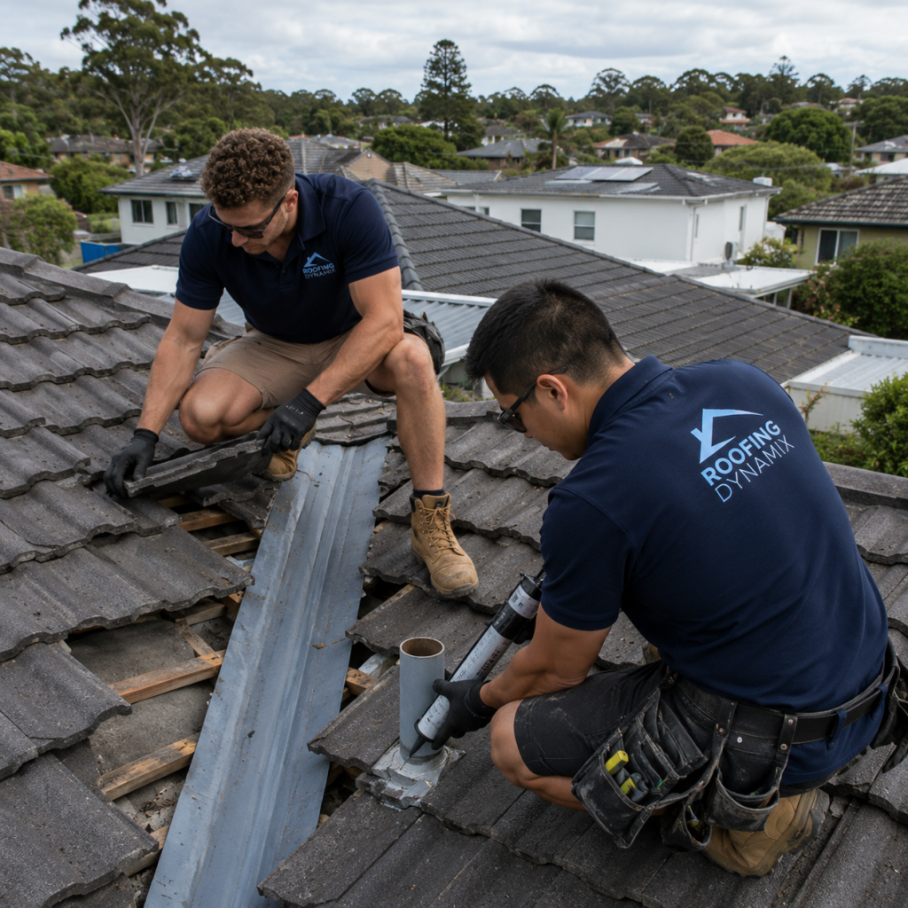 Roof Leak Detection Sydney technician checking Colorbond roof flashing